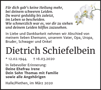 Traueranzeige von Dietrich Schiefelbein von Super Sonntag Köthen