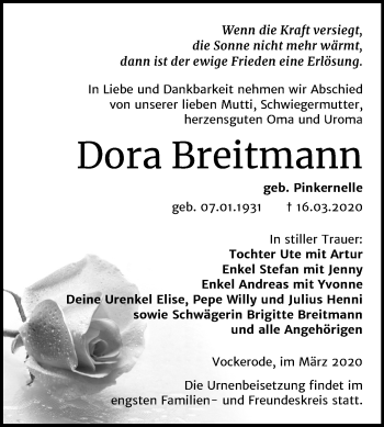 Traueranzeige von Dora Breitmann von Super Sonntag Wittenberg