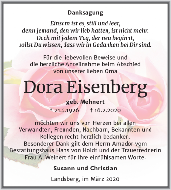 Traueranzeige von Dora Eisenberg von Mitteldeutsche Zeitung Halle/Saalkreis
