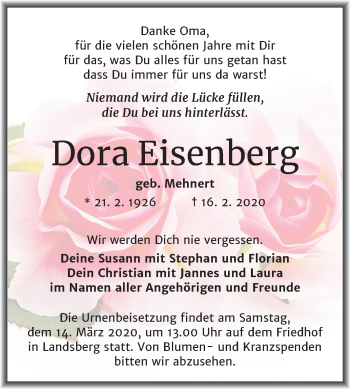 Traueranzeige von Dora Eisenberg von Mitteldeutsche Zeitung Halle/Saalkreis