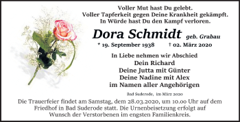 Traueranzeige von Dora Schmidt von Super Sonntag Quedlinburg