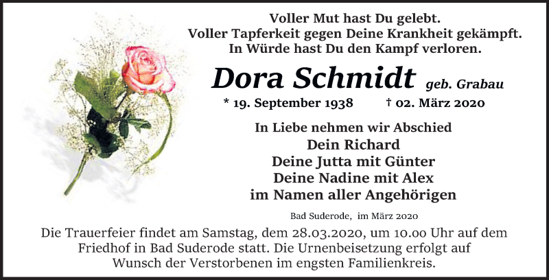  Traueranzeige für Dora Schmidt vom 14.03.2020 aus Super Sonntag Quedlinburg