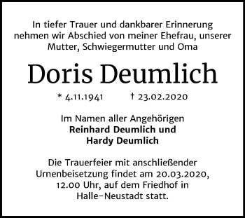 Traueranzeige von Doris Deumlich von Mitteldeutsche Zeitung Halle/Saalkreis