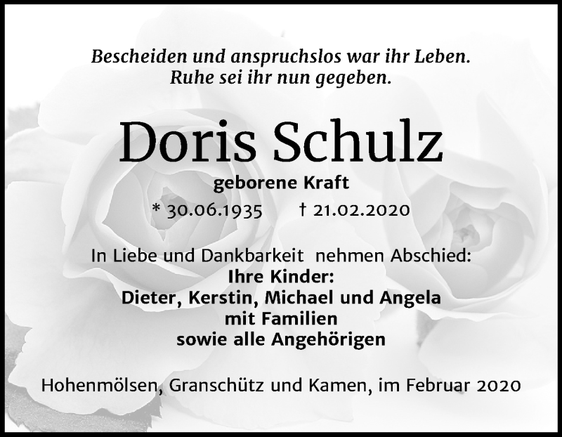  Traueranzeige für Doris Schulz vom 04.03.2020 aus Wochenspiegel Weißenfels