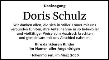 Traueranzeige von Doris Schulz von Super Sonntag Weißenfels