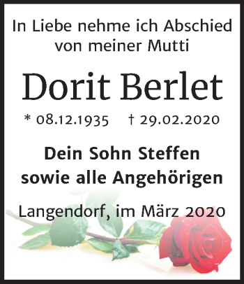 Traueranzeige von Dorit Berlet von Wochenspiegel Weißenfels