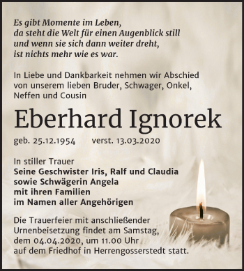 Traueranzeige von Eberhard Ignorek von Super Sonntag Naumburg/Nebra
