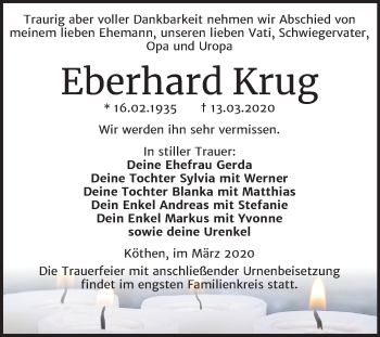 Traueranzeige von Eberhard Krug von Super Sonntag Köthen