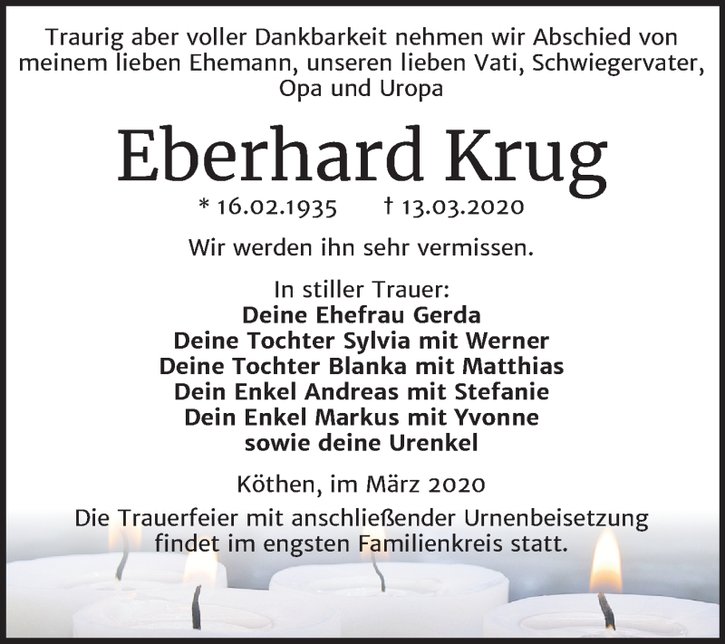  Traueranzeige für Eberhard Krug vom 21.03.2020 aus Super Sonntag Köthen