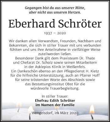 Traueranzeige von Eberhard Schröter von Mitteldeutsche Zeitung Weißenfels