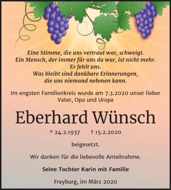 Traueranzeige von Eberhard Wünsch von Wochenspiegel Naumburg/Nebra