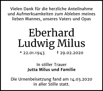 Traueranzeige von Eberhard Ludwig Milus von Wochenspiegel Sangerhausen