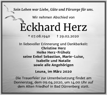 Traueranzeige von Eckhard Herz von Mitteldeutsche Zeitung Merseburg/Querfurt / Weißenfels