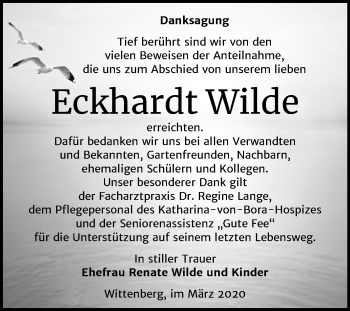 Traueranzeige von Eckhardt Wilde von Mitteldeutsche Zeitung Wittenberg