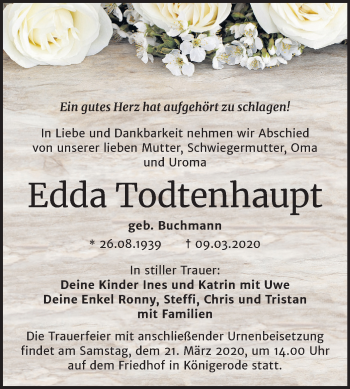 Traueranzeige von Edda Todtenhaupt von Super Sonntag Quedlinburg