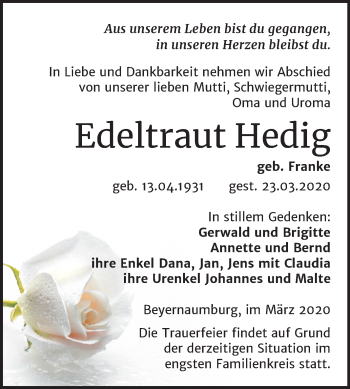 Traueranzeige von Edeltraut Hedig von Mitteldeutsche Zeitung Sangerhausen