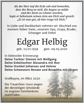 Traueranzeige von Edgar Helbig von Mitteldeutsche Zeitung Merseburg/Querfurt