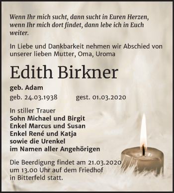 Traueranzeige von Edith Birkner von Mitteldeutsche Zeitung Bitterfeld