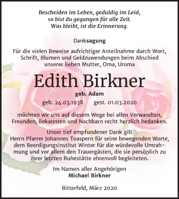 Traueranzeige von Edith Birkner von Mitteldeutsche Zeitung Bitterfeld