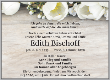 Traueranzeige von Edith Bischoff von Mitteldeutsche Zeitung Halle/Saalkreis