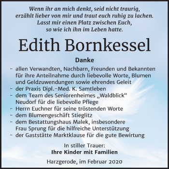 Traueranzeige von Edith Bornkessel von Super Sonntag Quedlinburg