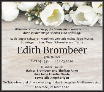 Traueranzeige von Edith Brombeer von Super Sonntag Mansfelder Land