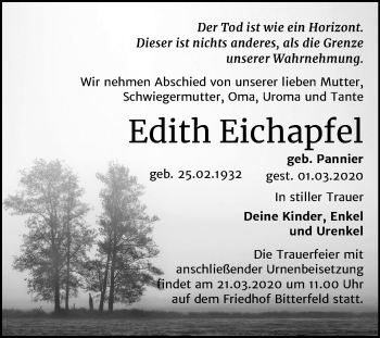 Traueranzeige von Edith Eichapfel von Mitteldeutsche Zeitung Bitterfeld