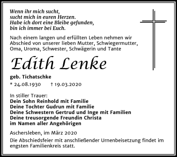 Traueranzeige von Edith Lenke von Super Sonntag Aschersleben