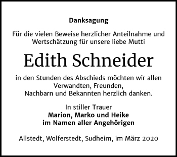 Traueranzeige von Edith Schneider von Wochenspiegel Sangerhausen