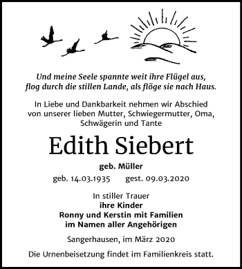 Traueranzeige von Edith Siebert von Mitteldeutsche Zeitung Sangerhausen