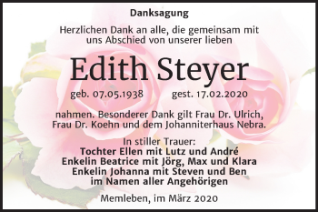 Traueranzeige von Edith Steyer von Wochenspiegel Naumburg/Nebra