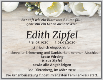 Traueranzeige von Edith Zipfel von Super Sonntag Merseburg/Querfurt
