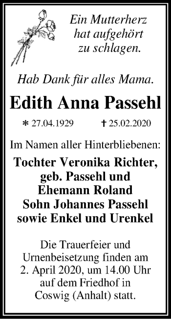 Traueranzeige von Edith Anna Passehl von Super Sonntag Wittenberg