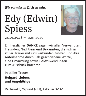 Traueranzeige von Edy Spiess von Wochenspiegel Naumburg/Nebra