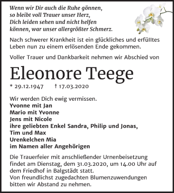 Traueranzeige von Eleonore Teege von Super Sonntag Naumburg/Nebra