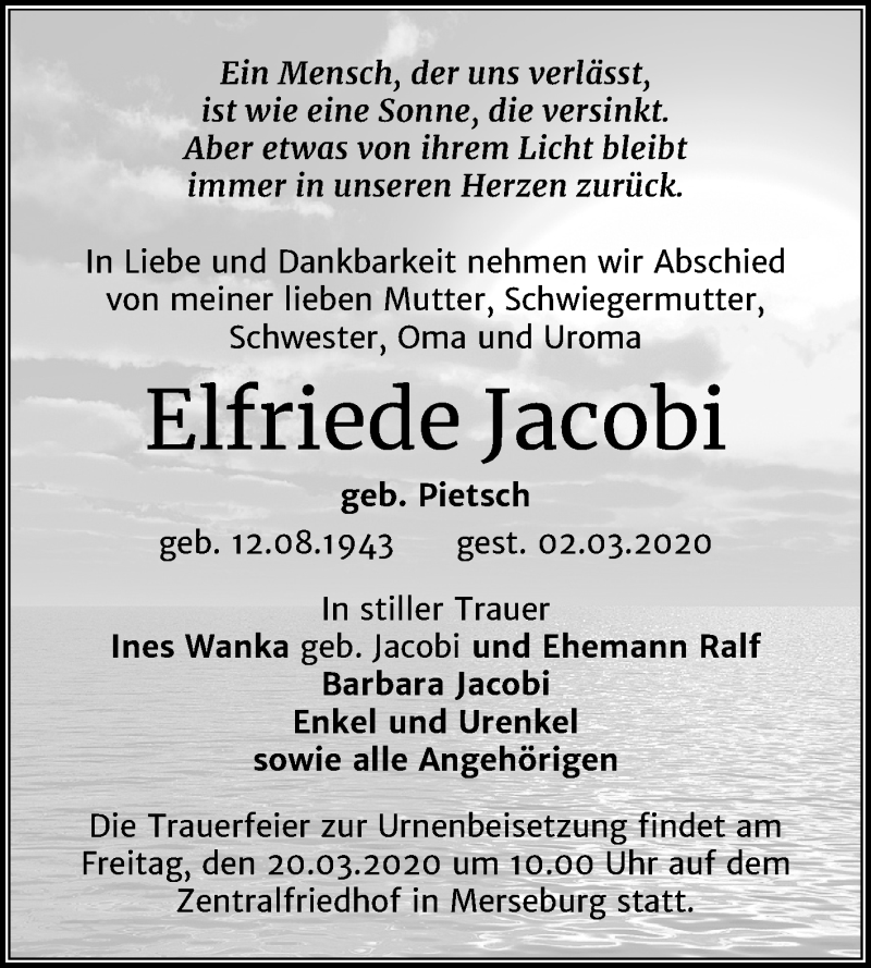  Traueranzeige für Elfriede Jacobi vom 14.03.2020 aus Super Sonntag Merseburg/Querfurt