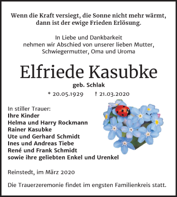 Traueranzeige von Elfriede Kasubke von Mitteldeutsche Zeitung Quedlinburg