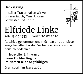 Traueranzeige von Elfriede Linke von Mitteldeutsche Zeitung Bernburg