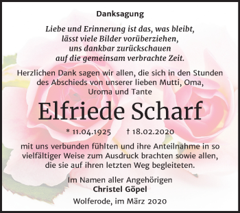Traueranzeige von Elfriede Scharf von Mitteldeutsche Zeitung Mansfelder Land