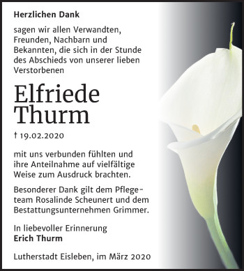 Traueranzeige von Elfriede Thurm von Mitteldeutsche Zeitung Mansfelder Land