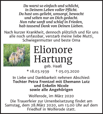 Traueranzeige von Elionore Hartung von Super Sonntag Mansfelder Land