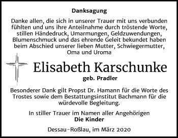 Traueranzeige von Elisabeth Karschunke von Super Sonntag Dessau-Roßlau