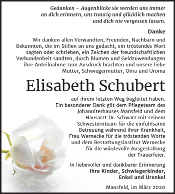 Traueranzeige von Elisabeth Schubert von Mitteldeutsche Zeitung Mansfelder Land