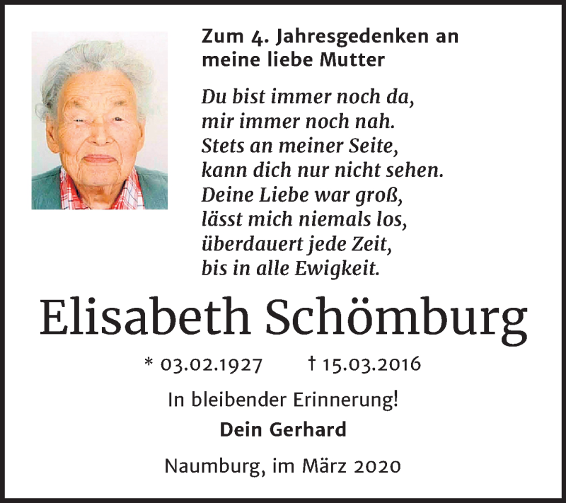  Traueranzeige für Elisabeth Schömburg vom 14.03.2020 aus Mitteldeutsche Zeitung Naumburg/Nebra
