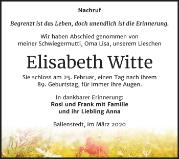 Traueranzeige von Elisabeth Witte von Super Sonntag Quedlinburg