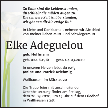 Traueranzeige von Elke Adeguelou von Super Sonntag Sangerhausen