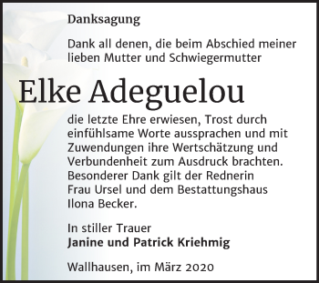 Traueranzeige von Elke Adeguelou von Super Sonntag Sangerhausen