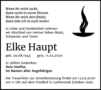 Traueranzeige von Elke Haupt von Mitteldeutsche Zeitung Mansfelder Land