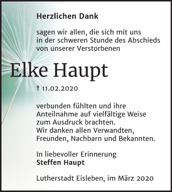 Traueranzeige von Elke Haupt von Mitteldeutsche Zeitung Mansfelder Land