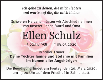 Traueranzeige von Ellen Schulz von Mitteldeutsche Zeitung Wittenberg